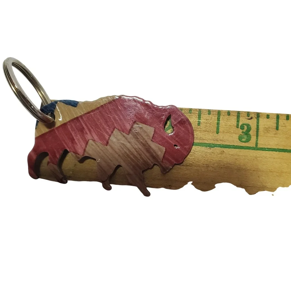 Southwestern Buffalo Keychain Bison Geometric Pattern Red Tan Blue Key Ring